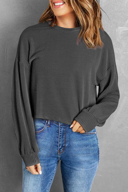 Round Neck Drop Shoulder Long Sleeve Top - Cowaa