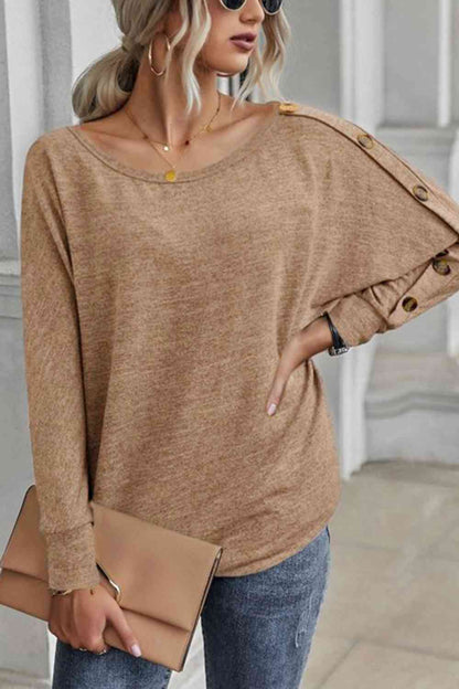 Boat Neck Buttoned Long Sleeve T-Shirt - Cowaa