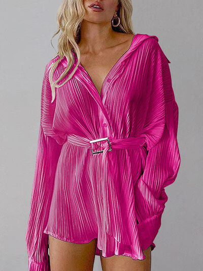 Button Up Dropped Shoulder Shirt Dress - Cowaa