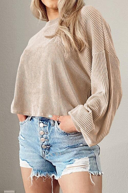 Round Neck Drop Shoulder Long Sleeve Top - Cowaa