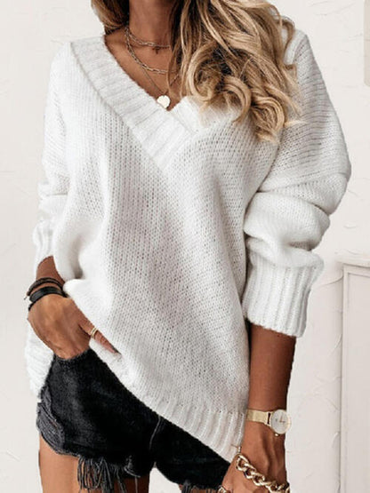 V-Neck Long Sleeve Knit Top - Cowaa