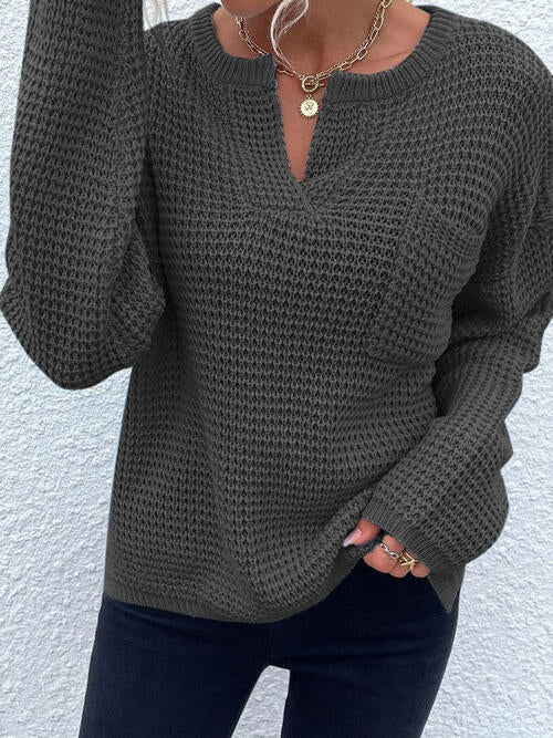 Notched Long Sleeve Sweater - Cowaa