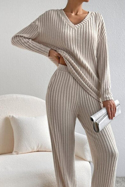 Ribbed V-Neck Top and Pants Set - Cowaa
