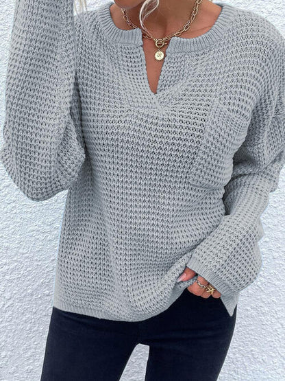 Notched Long Sleeve Sweater - Cowaa