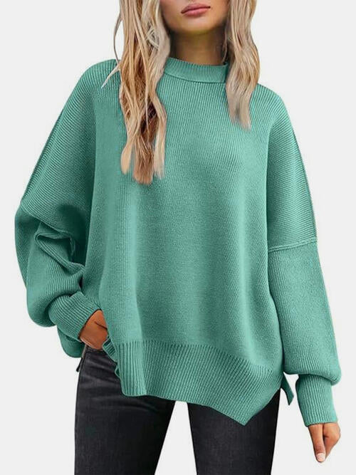 Round Neck Drop Shoulder Slit Sweater - Cowaa