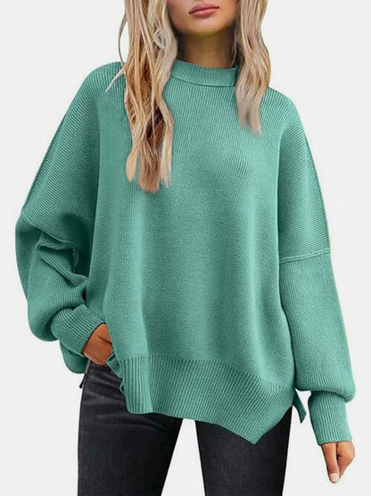 Round Neck Drop Shoulder Slit Sweater - Cowaa