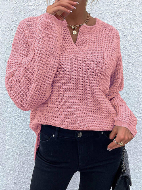 Notched Long Sleeve Sweater - Cowaa