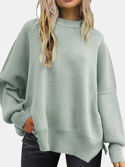 Round Neck Drop Shoulder Slit Sweater - Cowaa