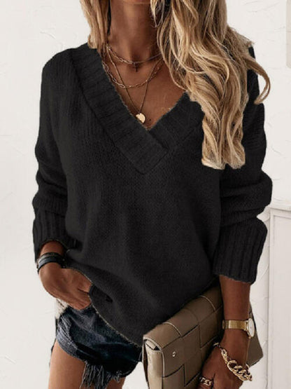 V-Neck Long Sleeve Knit Top - Cowaa