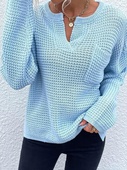 Notched Long Sleeve Sweater - Cowaa