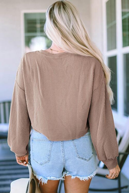 Round Neck Drop Shoulder Long Sleeve Top - Cowaa