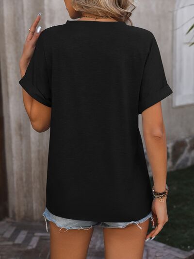 Notched Buttoned Short Sleeve T-Shirt - Cowaa