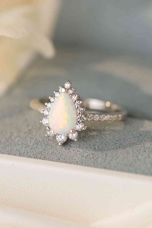 Platinum-Plated Opal Pear Shape Ring - Cowaa