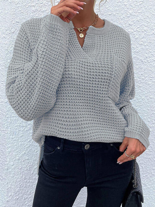 Notched Long Sleeve Sweater - Cowaa
