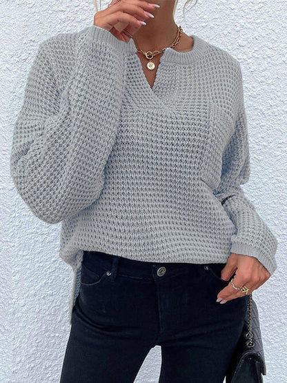 Notched Long Sleeve Sweater - Cowaa