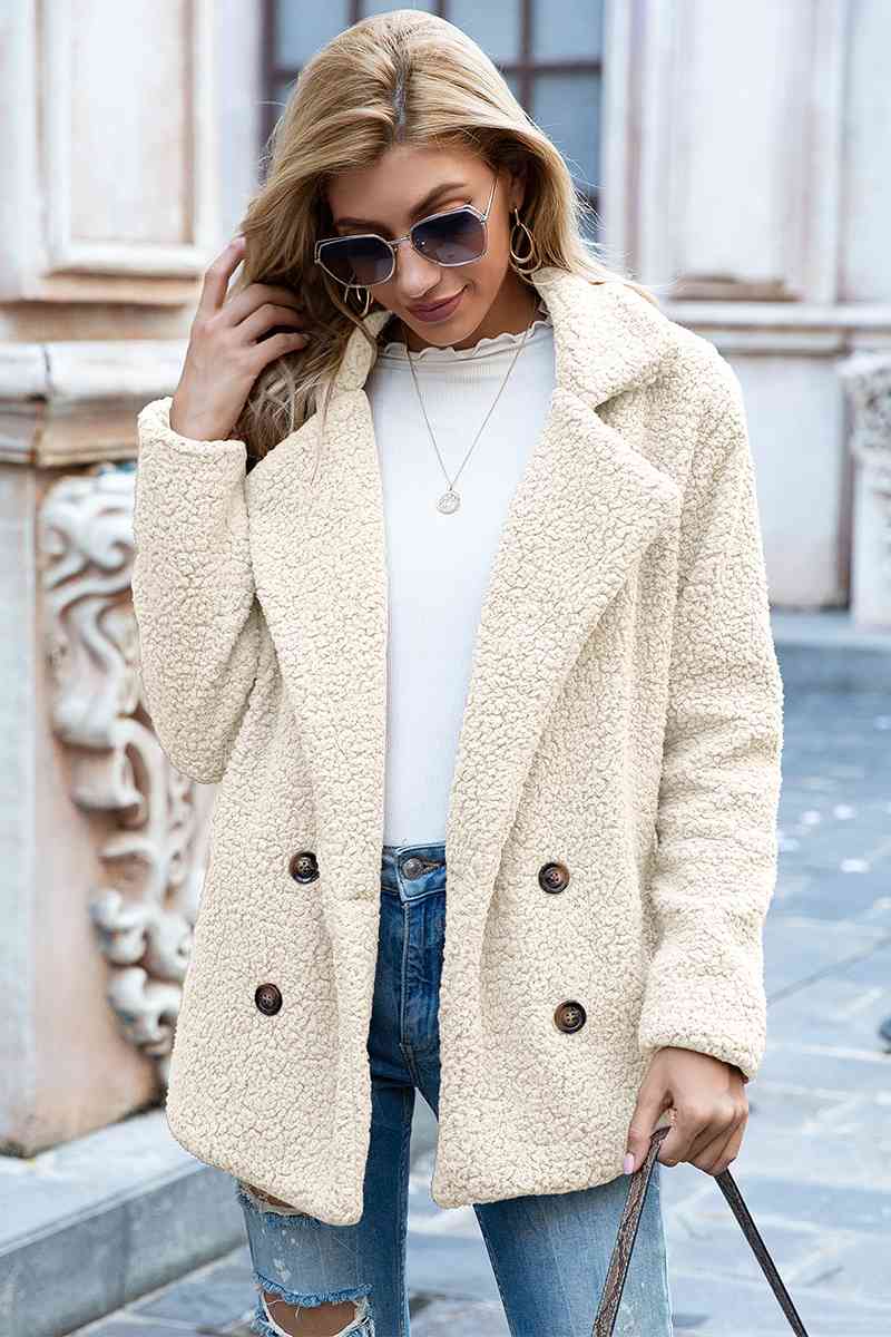 Full Size Lapel Collar Sherpa Coat - Cowaa