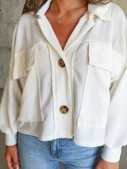 Ribbed Collared Neck Button Up Jacket - Cowaa