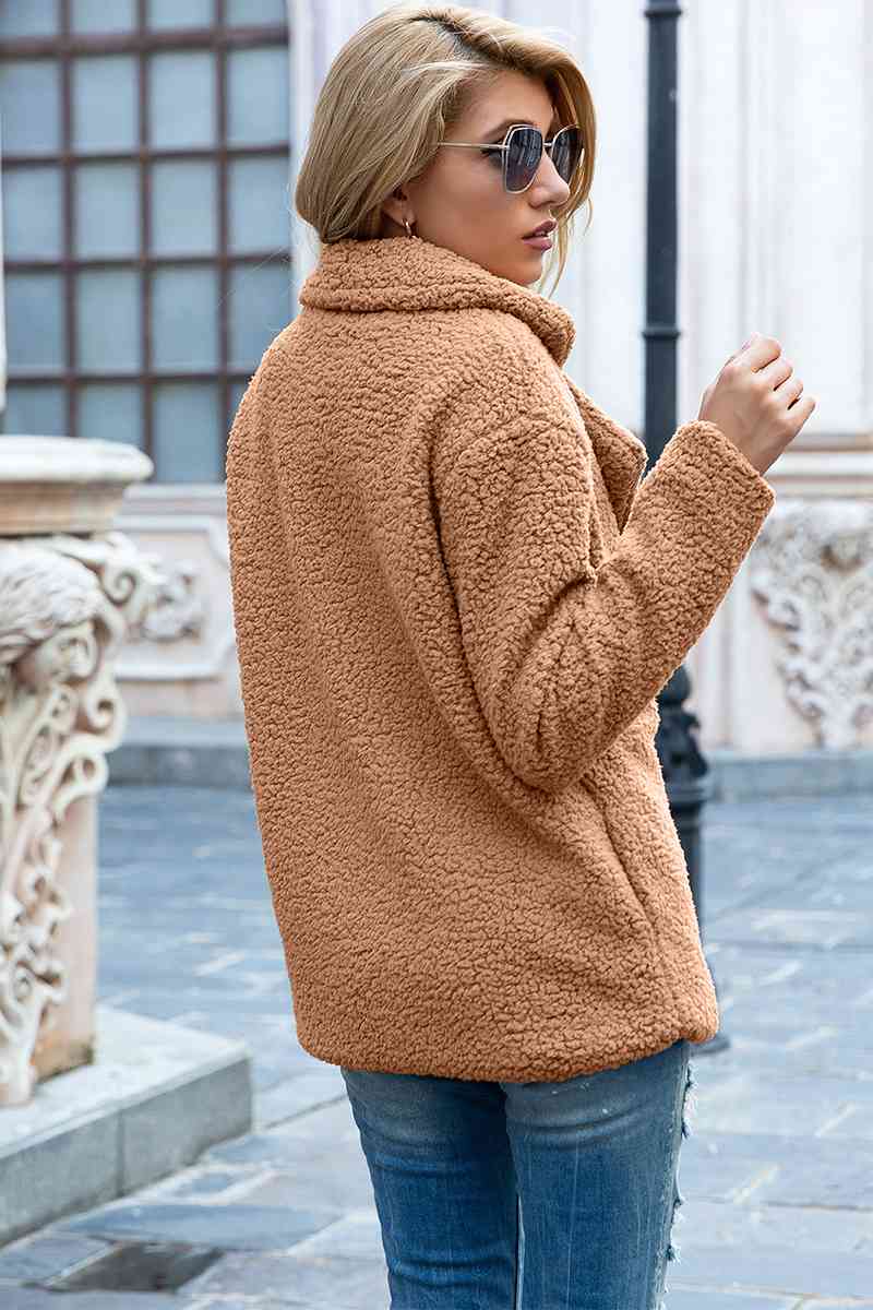 Full Size Lapel Collar Sherpa Coat - Cowaa