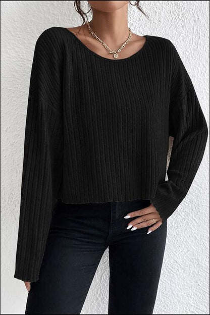 Ribbed Round Neck Drop Shoulder Long Sleeve Top - Cowaa