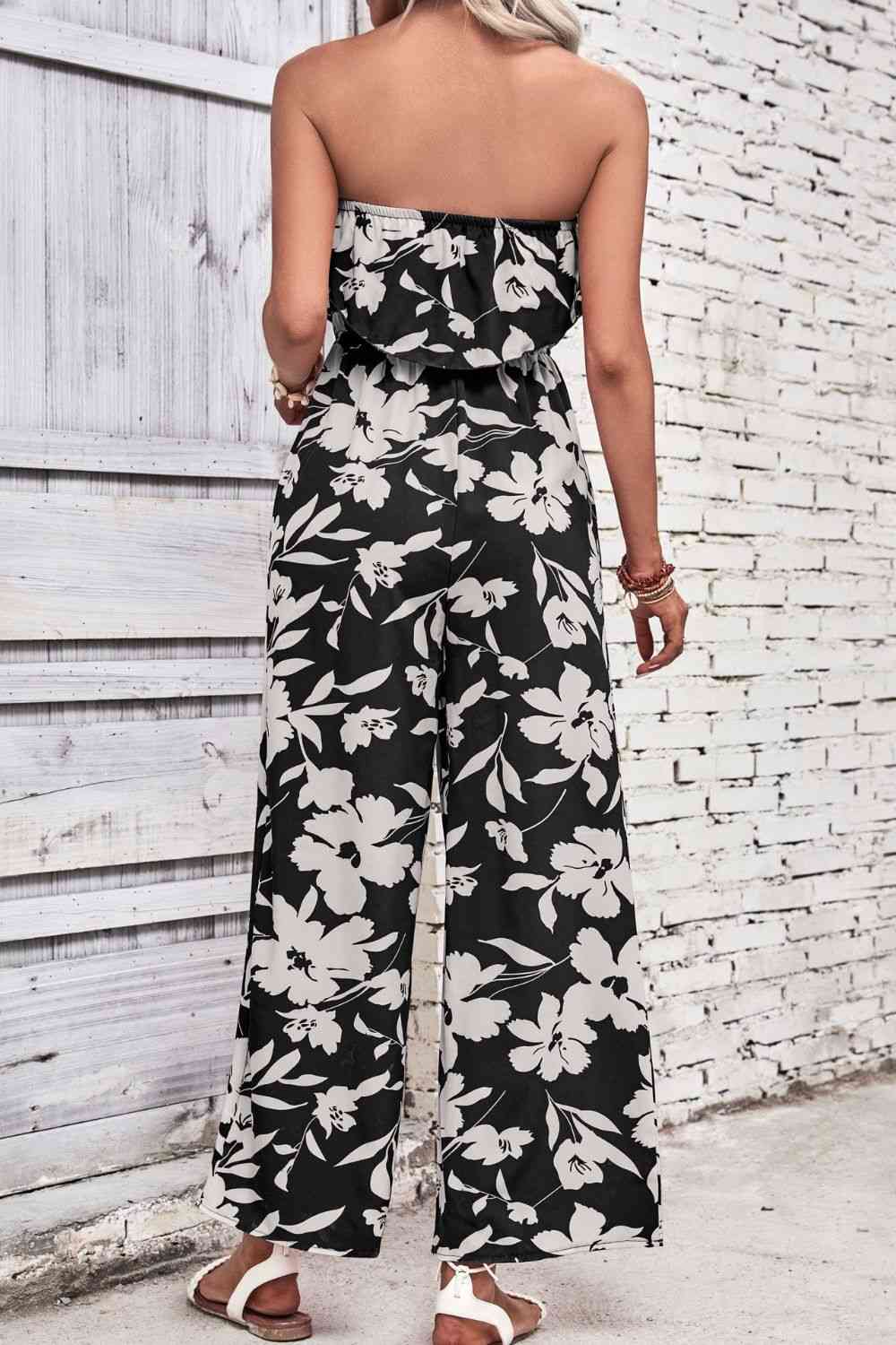 Floral Strapless Wide Leg Jumpsuit - Cowaa