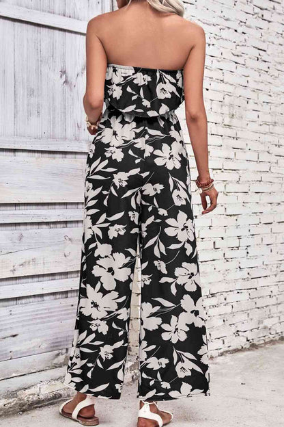 Floral Strapless Wide Leg Jumpsuit - Cowaa