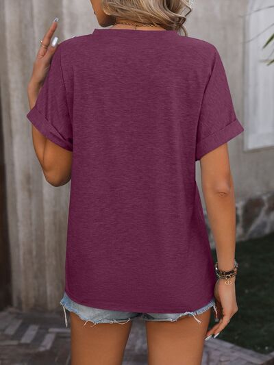 Notched Buttoned Short Sleeve T-Shirt - Cowaa