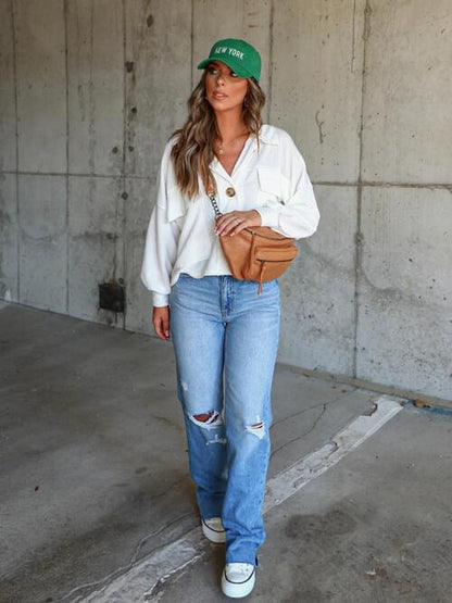 Ribbed Collared Neck Button Up Jacket - Cowaa
