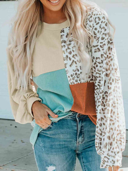 Leopard Round Neck Sweatshirt - Cowaa