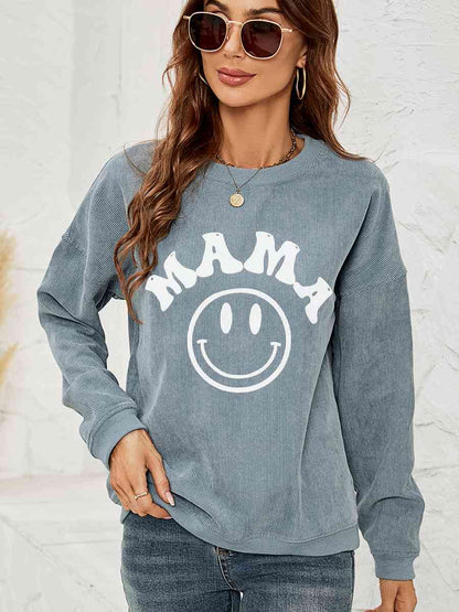 Round Neck Long Sleeve MAMA Graphic Sweatshirt - Cowaa