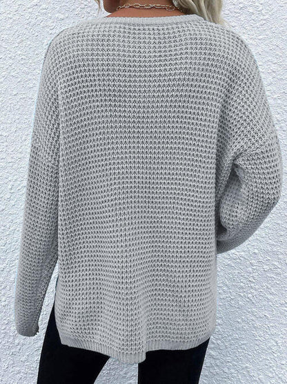 Notched Long Sleeve Sweater - Cowaa