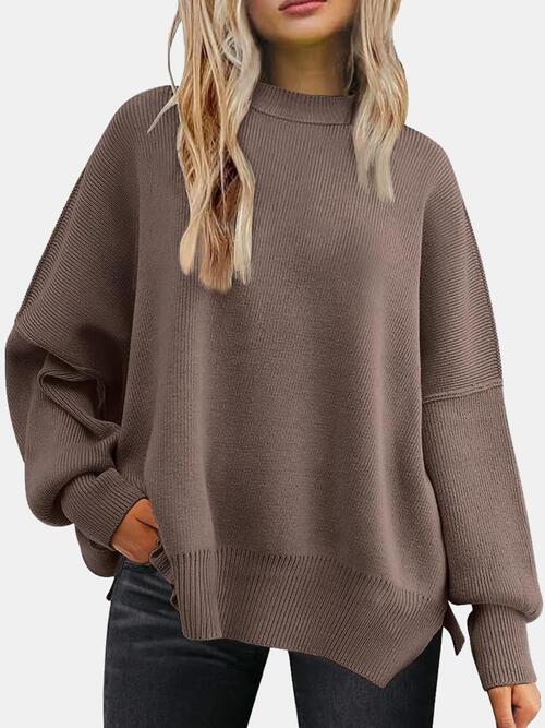 Round Neck Drop Shoulder Slit Sweater - Cowaa