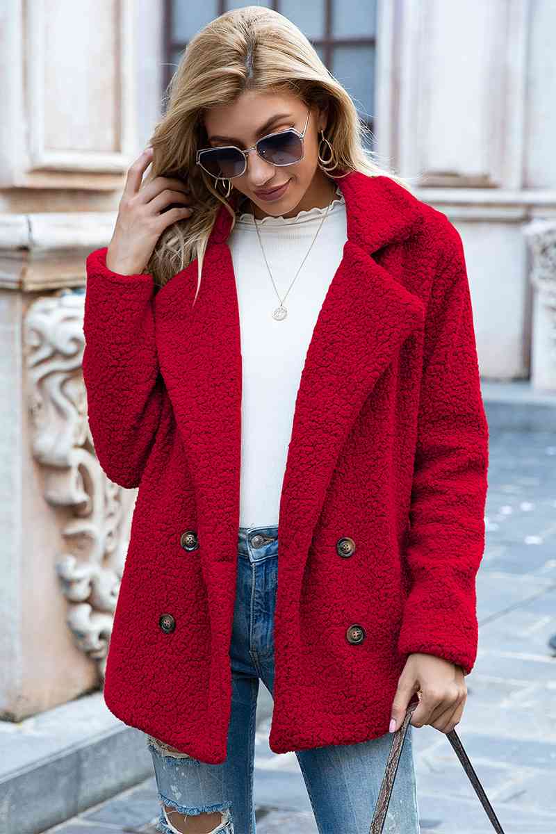 Full Size Lapel Collar Sherpa Coat - Cowaa