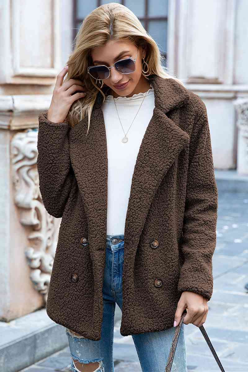 Full Size Lapel Collar Sherpa Coat - Cowaa