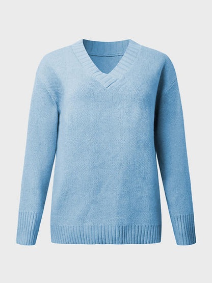 V-Neck Long Sleeve Knit Top - Cowaa