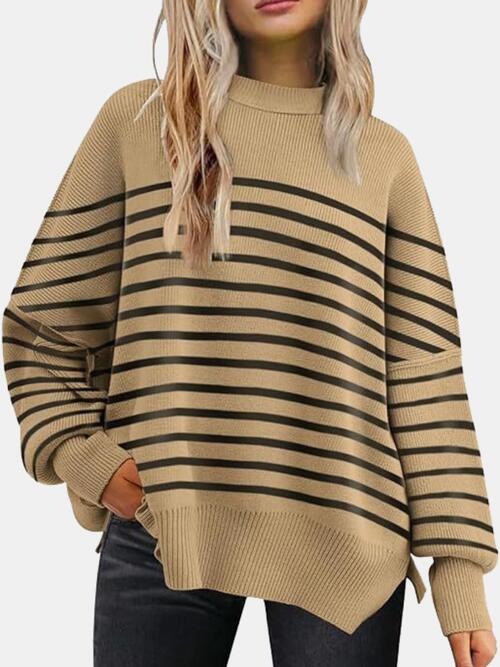 Round Neck Drop Shoulder Slit Sweater - Cowaa