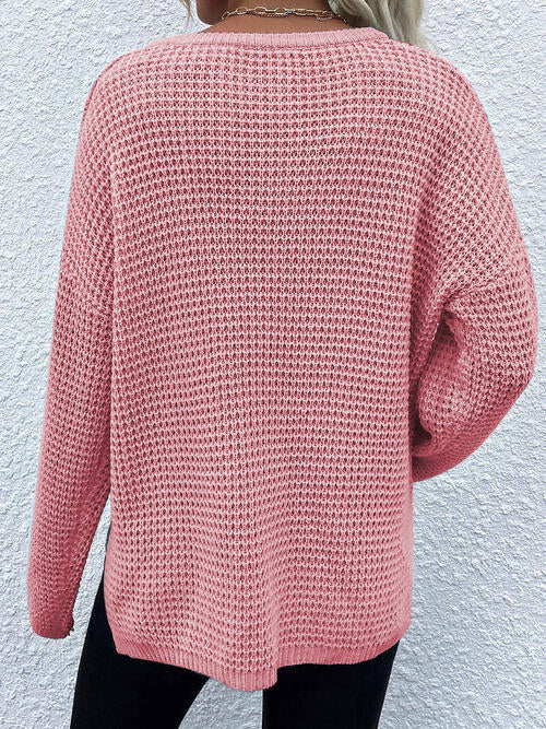 Notched Long Sleeve Sweater - Cowaa