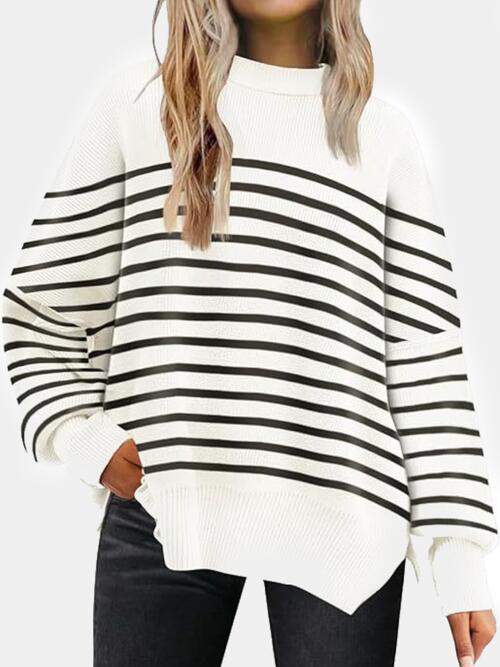 Round Neck Drop Shoulder Slit Sweater - Cowaa